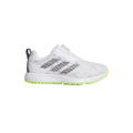 The Adidas 2025 Codechaos BOA Junior Golf Shoes in White/Black/Lemon feature a mesh upper, sporty design, neon lemon sole, and the BOA Fit System for a secure fit.