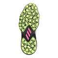 The image shows the sole of the Adidas 2025 Men's Codechaos Golf Shoes, featuring a black base, bright yellow and green wavy accents, and three pink diagonal Adidas stripes near the center.