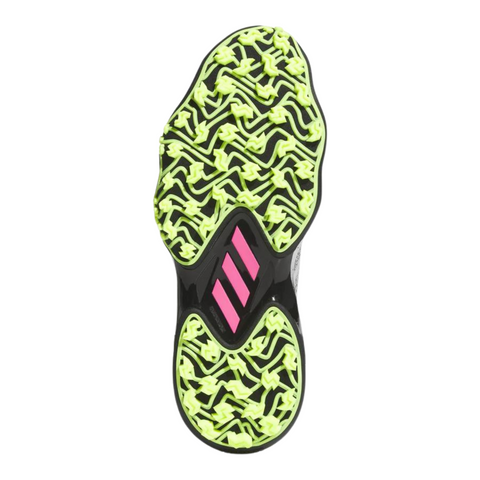The image shows the sole of the Adidas 2025 Men's Codechaos Golf Shoes, featuring a black base, bright yellow and green wavy accents, and three pink diagonal Adidas stripes near the center.