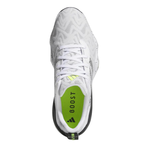 Top view of Adidas 2025 Men's Codechaos Golf Shoes: white with textured pattern, white laces, neon green insole with "BOOST" and black logo, spikeless grip, black heel tab and accents—ideal for men’s golf.