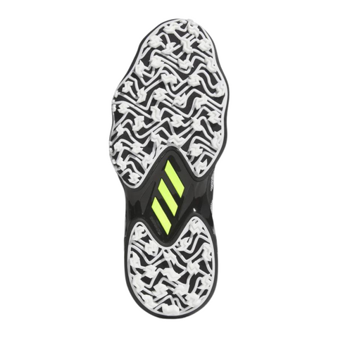 The image displays the sole of the Adidas 2025 Men's Codechaos Golf Shoes, featuring a black, white, and wavy tread with two yellow diagonal stripes for spikeless grip. The background is white.