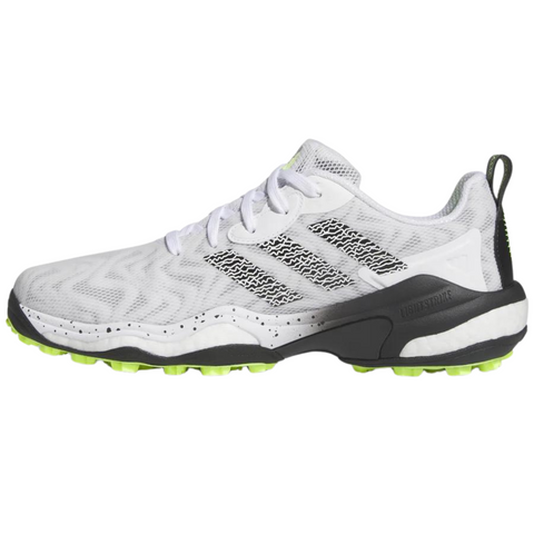 The Adidas 2025 Men's Codechaos Golf Shoes feature a white mesh upper, black Adidas stripes, neon green accents, and a textured spikeless sole with green studs for superior grip on the course.