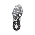 The image displays the sole of the Adidas 2025 Zoysia Boa Spikeless Women’s Golf Shoe in Cloud White, featuring a black, white, and gray textured tread for traction. The Adidas logo appears at the heel center against a plain white background.