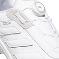 Close-up of the Adidas 2025 Zoysia Boa Spikeless Women’s Golf Shoes in Cloud White, a lightweight women’s golf shoe by Adidas featuring the BOA Fit System for easy adjustment and stylish textured white and gray accents.