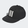 Side angle, Adidas 3 Stripe Mens Tour Hat, solid black, white three-stripe logo on front.