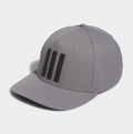 Side angle, Adidas 3 Stripe Mens Tour Hat, solid grey, black three-stripe logo on front.