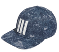 Side angle, Adidas 3 Stripe Tour Mens Hat, blue camo pattern, white three-stripe logo on front.