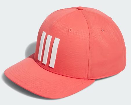 Side angle, Adidas 3 Stripe Mens Tour Hat, solid coral, white three-stripe logo on front.