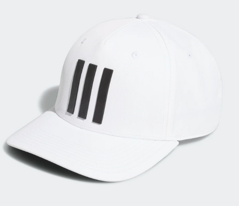 Side angle, Adidas 3 Stripe Mens Tour Hat, solid white, black three-stripe logo on front.