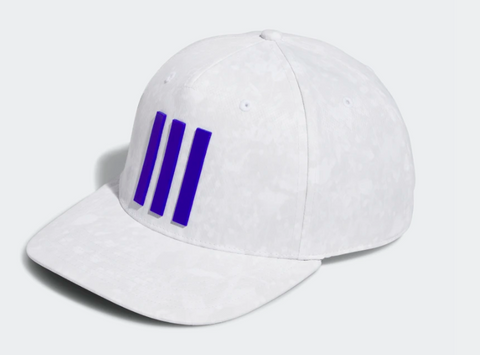 Side angle, Adidas 3 Stripe Mens Tour Hat, white camo pattern, blue three-stripe logo on front.