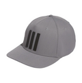 Side angle, Adidas 3 Stripe Mens Tour Hat, solid grey, black three-stripe logo on front.