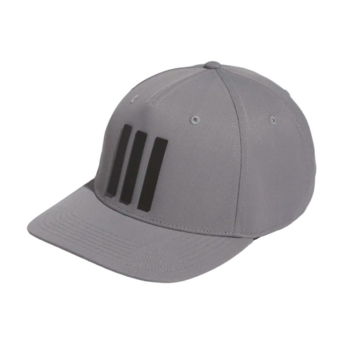 Side angle, Adidas 3 Stripe Mens Tour Hat, solid grey, black three-stripe logo on front.