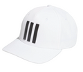 Side angle, Adidas 3 Stripe Mens Tour Hat, solid white, black three-stripe logo on front.