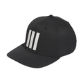 Side angle, Adidas 3 Stripe Mens Tour Hat, solid black, white three-stripe logo on front.