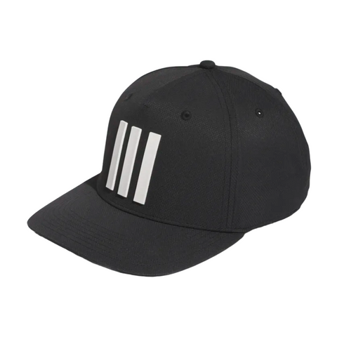 Side angle, Adidas 3 Stripe Mens Tour Hat, solid black, white three-stripe logo on front.