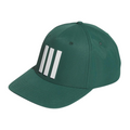 The Adidas 3 Stripe Tour Cap is a green golf cap with bold white stripes on the front, shown at an angle against a white background. Made by Adidas with moisture-wicking fabric for all-day comfort.