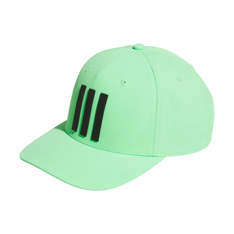 The Adidas 3 Stripe Tour Cap is a light green golf cap with three bold black stripes on the front, made from moisture-wicking fabric for comfort, shown angled on a white background.