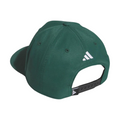 The Adidas 3 Stripe Tour Cap is a green golf cap with a white rear logo and adjustable black snapback, made from moisture-wicking fabric. The cap is positioned to display the back and part of the bill.