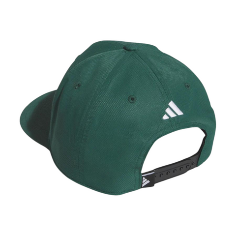 The Adidas 3 Stripe Tour Cap is a green golf cap with a white rear logo and adjustable black snapback, made from moisture-wicking fabric. The cap is positioned to display the back and part of the bill.