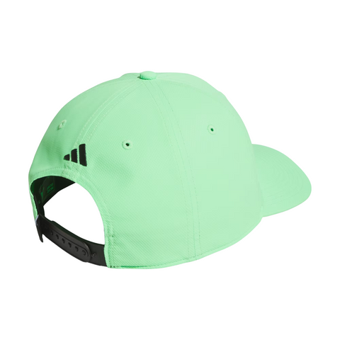 The Adidas 3 Stripe Tour Cap in light green features a black adjustable back strap, a small black side logo, and moisture-wicking fabric for all-day comfort. Shown from the rear on a white background.