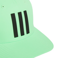 A close-up of the Adidas 3 Stripe Tour Cap, a light green golf cap by Adidas with three bold vertical black stripes on the front and made from moisture-wicking fabric for comfort.