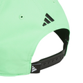 Close-up of the back of the Adidas 3 Stripe Tour Cap in light green, featuring a black adjustable snapback strap, moisture-wicking fabric, and a black Adidas logo near the opening.