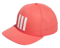 Side angle, Adidas 3 Stripe Mens Tour Hat, solid coral, white three-stripe logo on front.