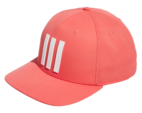 Side angle, Adidas 3 Stripe Mens Tour Hat, solid coral, white three-stripe logo on front.