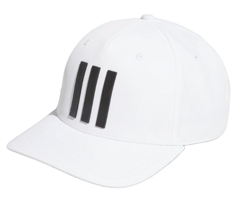 Side angle, Adidas 3 Stripe Mens Tour Hat, solid white, black three-stripe logo on front.