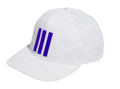 Side angle, Adidas 3 Stripe Mens Tour Hat, white camo pattern, blue three-stripe logo on front.