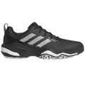 Side view of Adidas CodeChaos 25 Golf Shoes in black, featuring white Adidas stripes, spikeless outsole, and cushioned midsole.