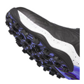 Close-up of the sole of the Adidas 2025 Women's Codechaos Boa Spikeless Golf Shoes in black, white, and cobalt blue, showing multidirectional rubber studs for traction—part of Adidas’ innovative collection.
