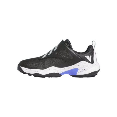 The Adidas 2025 Women's Codechaos Boa Spikeless Golf Shoes in Black/White/Cobalt Blue feature three white stripes, blue accents near the arch, a speckled white midsole, and a black outsole—perfect for women golfers seeking style and comfort.