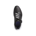 Top view of the Adidas 2025 Women's Codechaos Boa Spikeless Golf Shoe in black/white/cobalt blue with a white textured sole, three diagonal stripes, zipper closure, and BOOST insole—ideal for women's spikeless golf.
