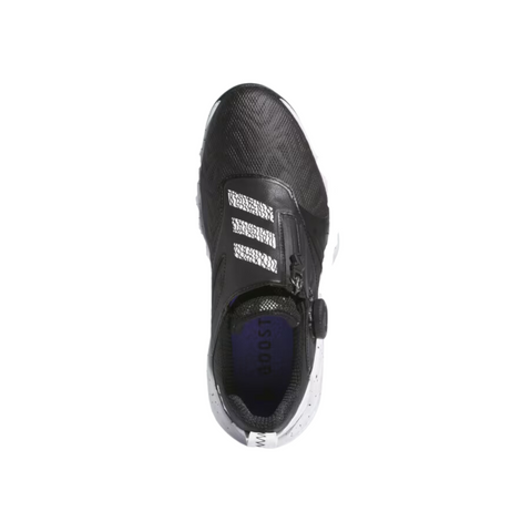 Top view of the Adidas 2025 Women's Codechaos Boa Spikeless Golf Shoe in black/white/cobalt blue with a white textured sole, three diagonal stripes, zipper closure, and BOOST insole—ideal for women's spikeless golf.