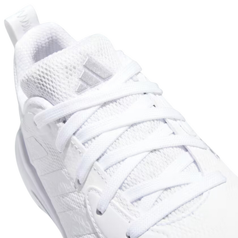 Close-up of the Adidas Codechaos 25 women’s golf shoe in Cloud White with Silver Metallic detailing