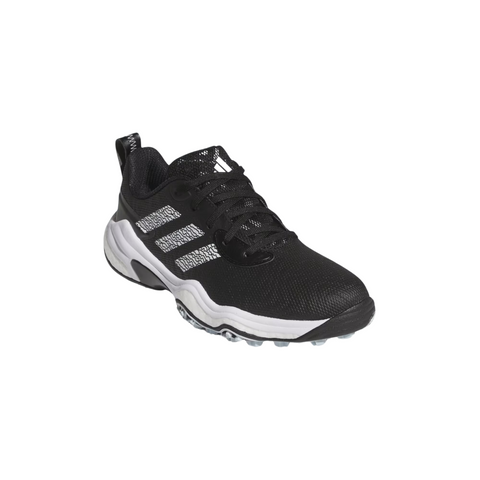 The Adidas 2025 Women's Codechaos Golf Shoes feature a black mesh upper, white sole and side accents, black laces, and a heel pull tab.