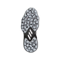 The image displays the Adidas 2025 Women's Codechaos Golf Shoes' bottom view, showing a lightweight, spikeless black sole with a wavy white and black tread and three white diagonal stripes