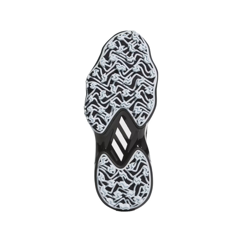 The image displays the Adidas 2025 Women's Codechaos Golf Shoes' bottom view, showing a lightweight, spikeless black sole with a wavy white and black tread and three white diagonal stripes