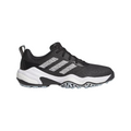 The Adidas 2025 Women's Codechaos Golf Shoes in Core Black/Cloud White/Halo Blue feature a lightweight, spikeless design with white accents and Adidas' signature three stripes