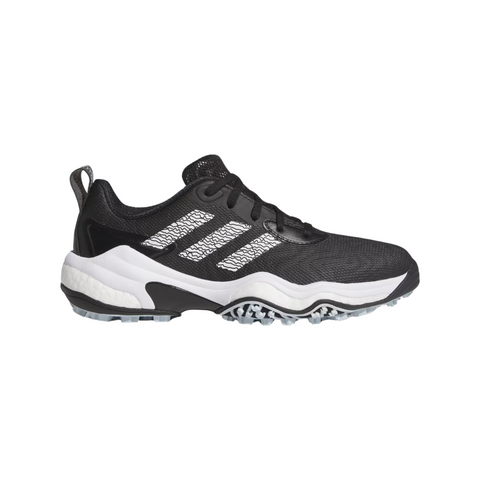 The Adidas 2025 Women's Codechaos Golf Shoes in Core Black/Cloud White/Halo Blue feature a lightweight, spikeless design with white accents and Adidas' signature three stripes