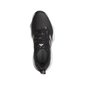 Top view of the Adidas Codechaos 25 Womens Shoes by Adidas, showcasing a black athletic design with white accents, white sole, visible “BOOST” logo on the insole, spikeless grip, black laces, and signature Adidas branding.