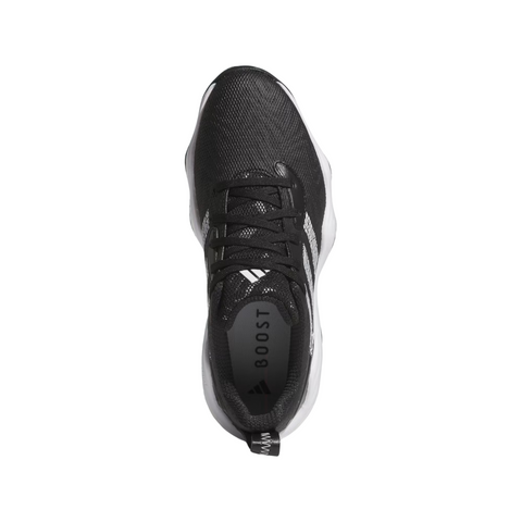 Top view of the Adidas Codechaos 25 Womens Shoes by Adidas, showcasing a black athletic design with white accents, white sole, visible “BOOST” logo on the insole, spikeless grip, black laces, and signature Adidas branding.