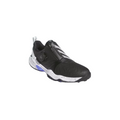 The Adidas Codechaos Boa 25 Spikeless Womens Golf Shoes feature a black design with the Boa Fit System, zippered front, white speckled midsole, purple heel accent, round adjustment dial, white text on the tongue, and a back pull tab.