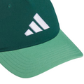 A close-up of the Adidas Colourblock Snapback Hat, a green snapback with a white Adidas logo on the front left panel, a lighter green brim, and a moisture-wicking sweatband for comfort. Brand: Adidas.