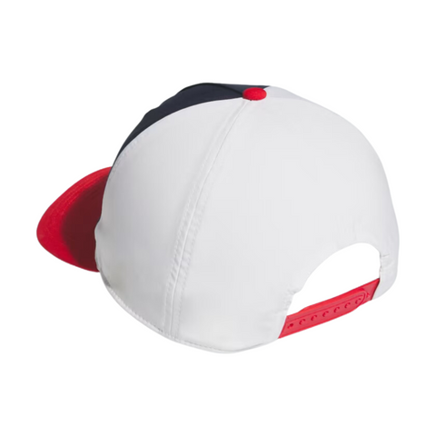 The Adidas Colourblock Snapback Hat features a white crown, red brim, and adjustable snapback closure, displayed at an angled back view against a plain white background.