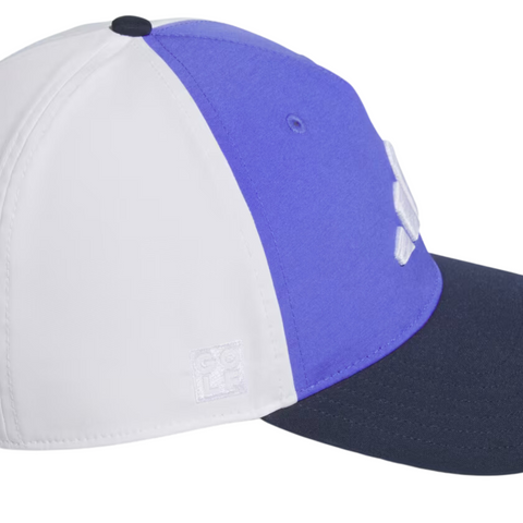The Adidas Colourblock Snapback Hat features white and blue panels, a dark navy brim, raised white embroidery on the side, and an adjustable snapback closure, shown against a plain white background.