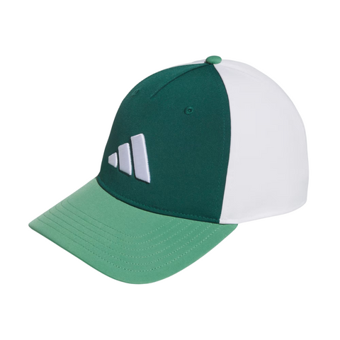 The Adidas Colourblock Snapback Hat by Adidas comes in collegiate green with a curved brim, white logo, and adjustable snapback closure, shown against a white background.