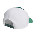 The Adidas Colourblock Snapback Hat is shown from the back on a white background. It features a white crown, green brim, moisture-wicking sweatband, and an adjustable snapback closure.