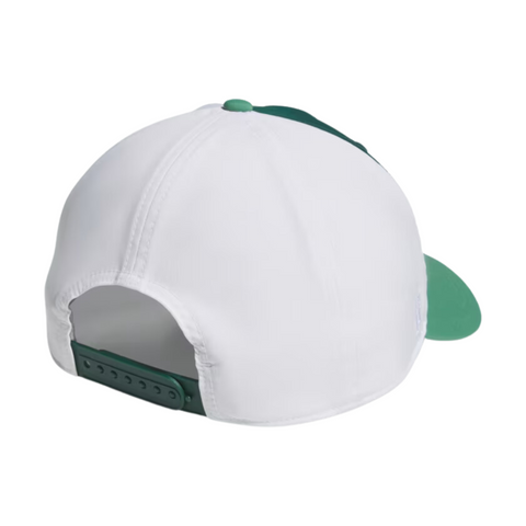 The Adidas Colourblock Snapback Hat is shown from the back on a white background. It features a white crown, green brim, moisture-wicking sweatband, and an adjustable snapback closure.